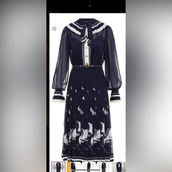 Zimmermann Dresses & Skirts - Zimmermann Navy and White Pleated Sailboat Midi Dress with Bow Neck